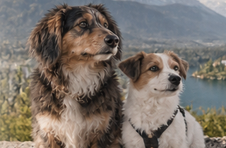 Two dogs in an alpine setting by a lake